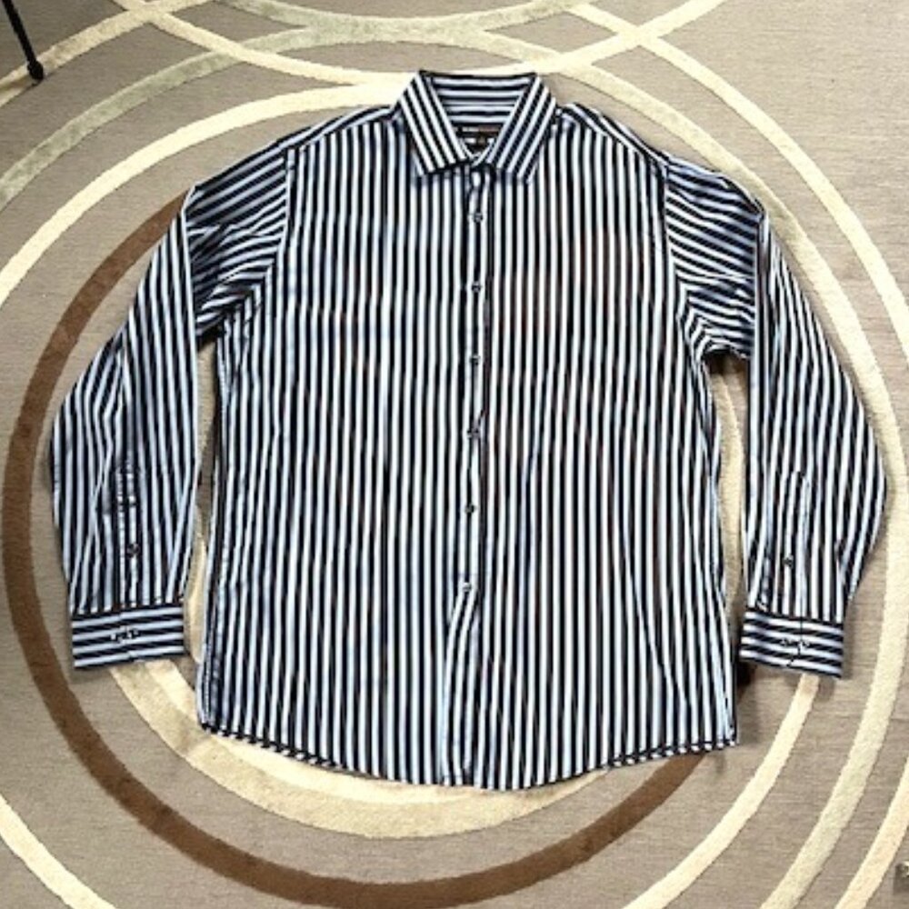 BCBG MAXAZRIA Modern Fit Striped Long Sleeve Blue/Brown Dress Shirt Size: Large